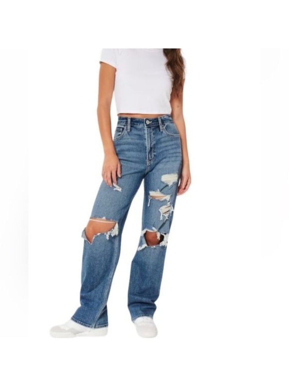 Hollister High-Rise Dad Jeans W24 L31 Ripped Medium Wash Denim Distressed Frayed